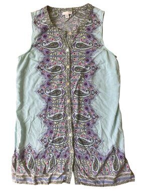 J.Jill Paisley Button Down Tunic Womens Small Blue Sleeveless Boho-Chic Coastal